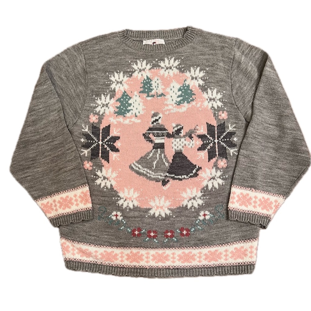 Christmas Holiday Winter Vintage Gray and Pink Crew Neck Sweater small